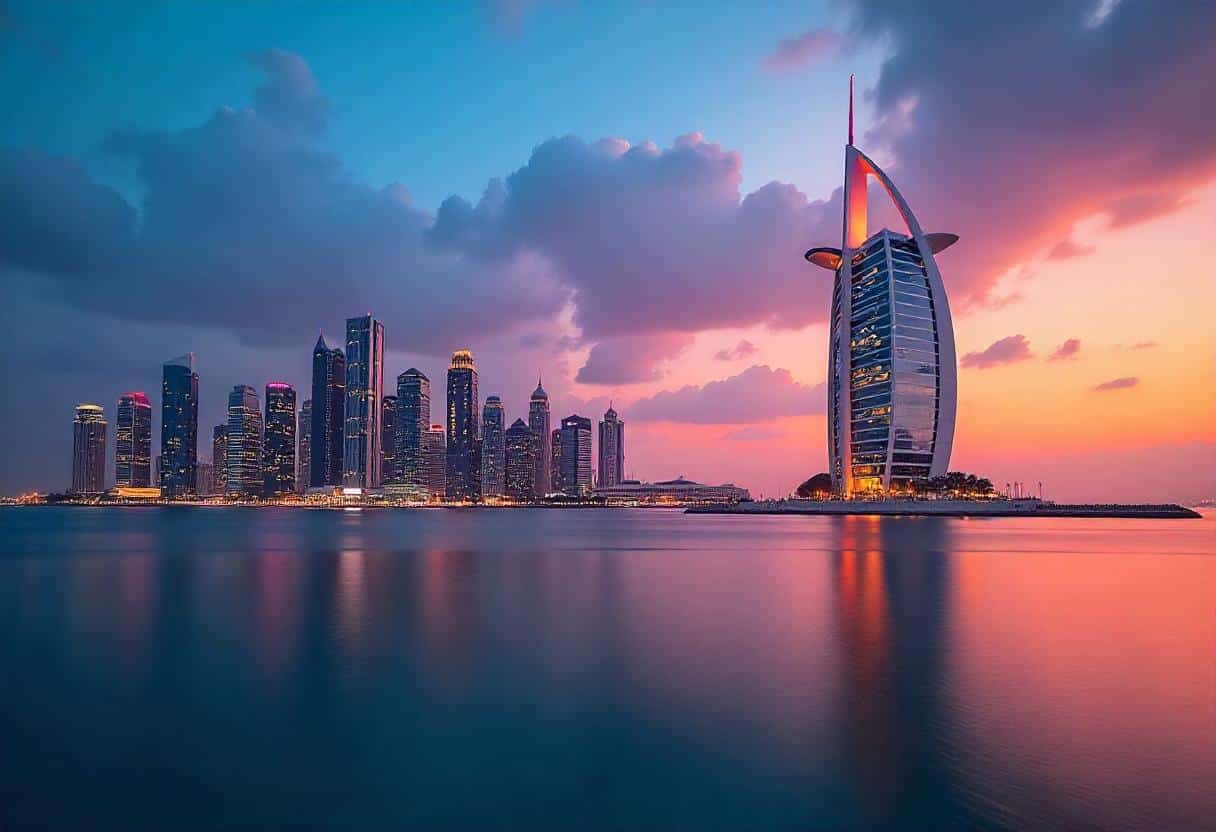 Burj Al Arab and the Dubai coastline at dusk