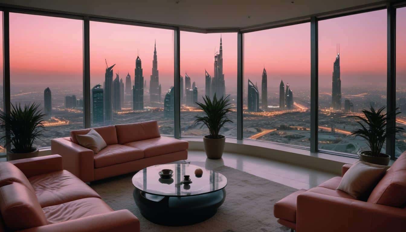 Living room of a Dubai apartment looking out over the Burj Khalifa skyline
