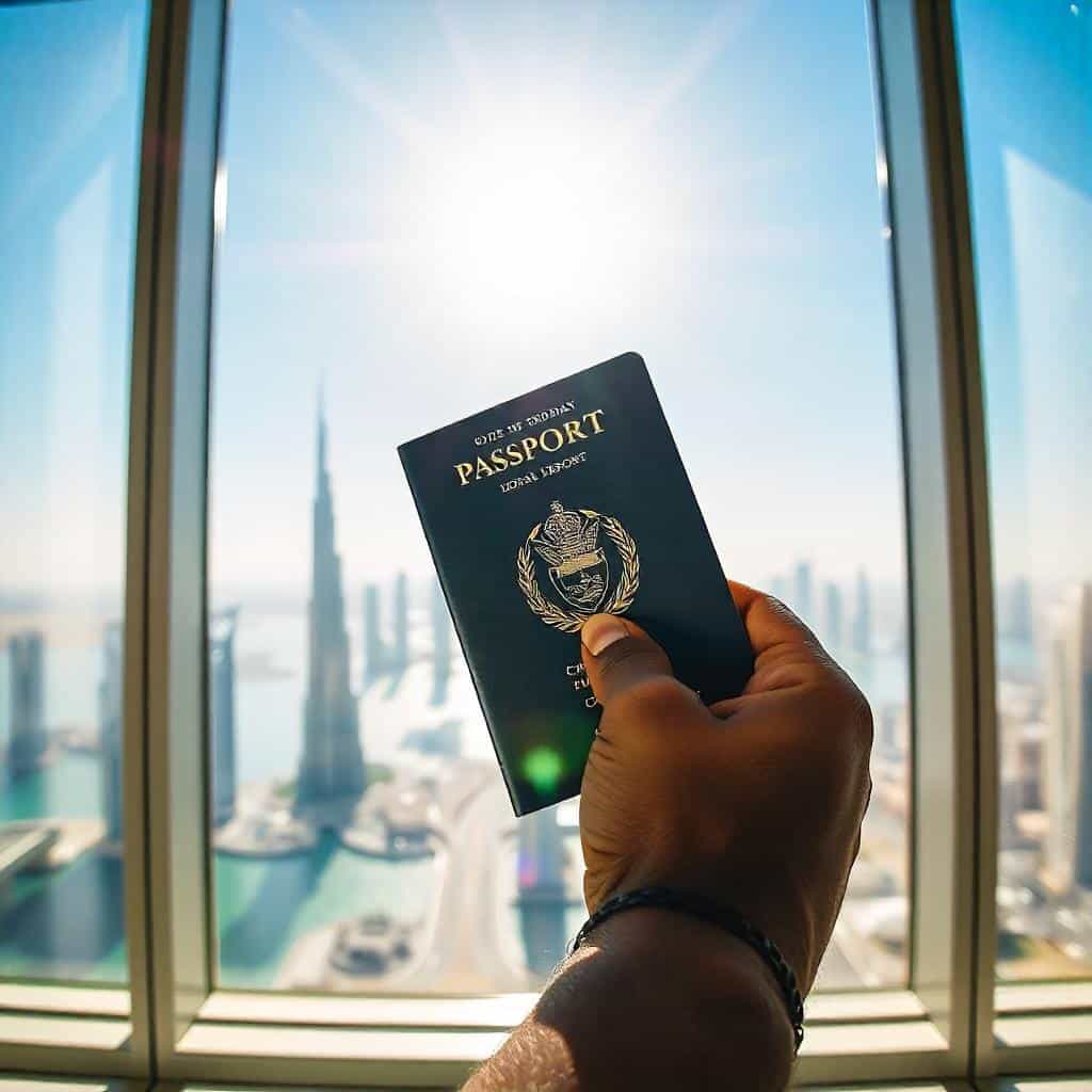 A UAE passport held up against the Dubai skyline
